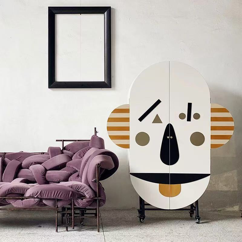 Contemporary Abstract Art Face Cabinet – Modern Designer Two-Door Storage Console, Creative Geometric Pattern Sideboard for Gallery, Living Room, and Entryway Display