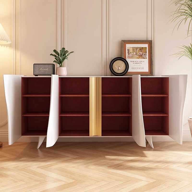 French-Cream Style Sintered Stone Entryway Cabinet, Modern Storage Sideboard with Gold Accents, Living Room Display Cabinet