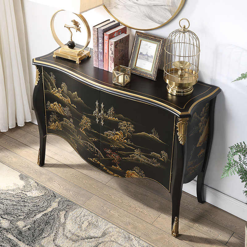 Hand-Painted Landscape Entryway Cabinet, Style Antique Solid Wood Hallway Sideboard