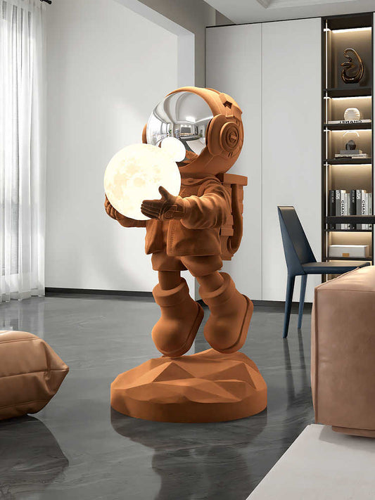 Large Flocked Astronaut Floor Lamp – Modern Velvet Space Sculpture with Moon Lamp for Living Room, TV Console, or Entryway Gift