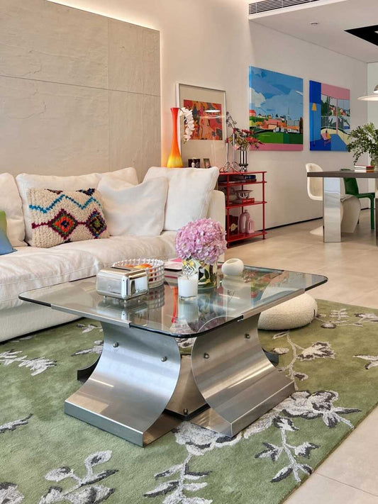 Chrome Steel Coffee Table with Tempered Glass Top, Mid-Century Modern Square Designer Table