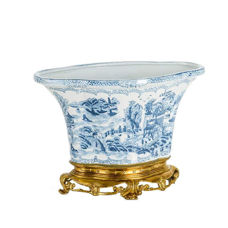Blue and White Porcelain Fruit Bowl with Brass Stand – Decorative Centerpiece Basin for Living Room, Entryway, Mantel, and Dining Table
