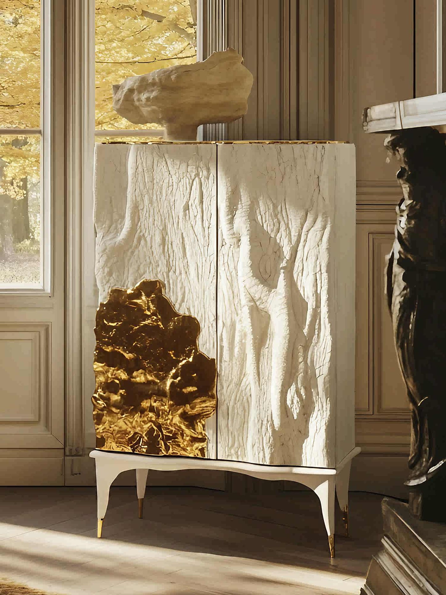 Designer Art Cabinet with Textured Relief Panels & Gold Leaf Accents, Luxury Villa Storage Sideboard with Sculptural Base