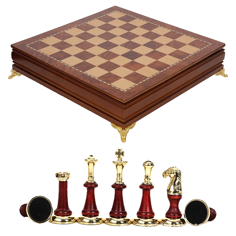 European Luxury Chess Set – High-End Solid Wood Drawer Chess Table with Gold Metal Inlaid Pieces, Classic Decorative International Chess Board