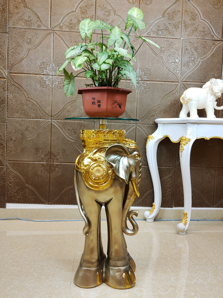 Luxury Elephant Plant Stand – Gold Resin Indoor Pedestal Table with Glass Top, Art Deco Living Room Display