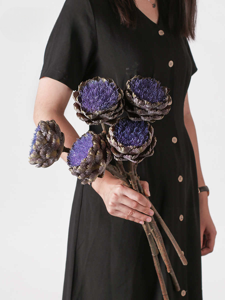 Vintage Artichoke Artificial Flower, High-End Purple Faux Art Deco Dining Table & Vase Arrangement