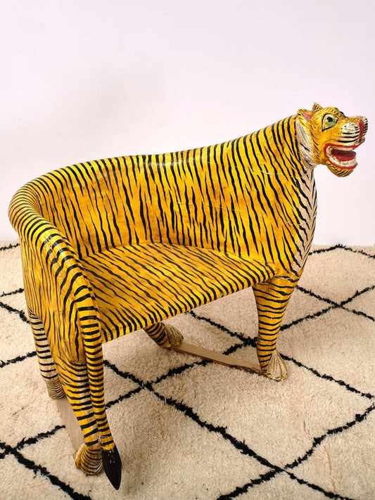 Hand Carved Tiger Accent Chair Wood | Unique Animal Shaped Lounge Chair for Living Room, Bedroom, Antique Style Statement Furniture