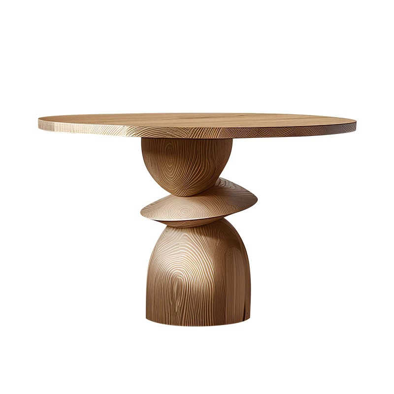 Modern Sculptural Solid Wood Round Dining Table – Designer Ash Wood Pedestal Table with Artistic Base, Contemporary Minimalist Restaurant Table for Home and Office