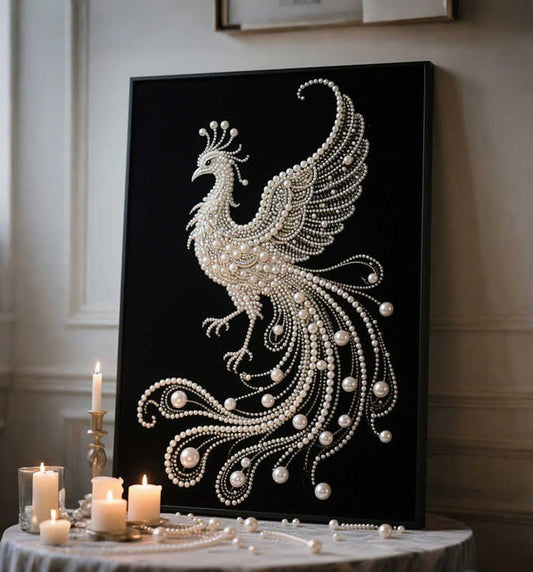 Luxury Pearl Phoenix Wall Art – Modern Minimalist Living Room, Bedroom, French Corridor Decorative Painting, Handmade Matte Micro-Spray with Black Aluminum Frame