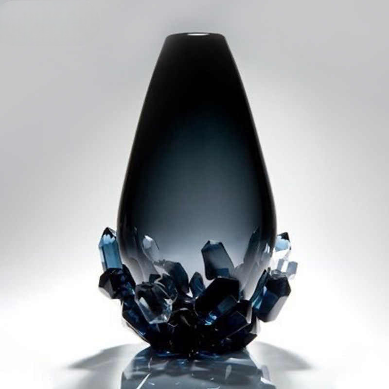 Modern Crystal Glass Vase with Blue Quartz Crystals, Luxury Home Decor for Living Room, Entryway, Table Display