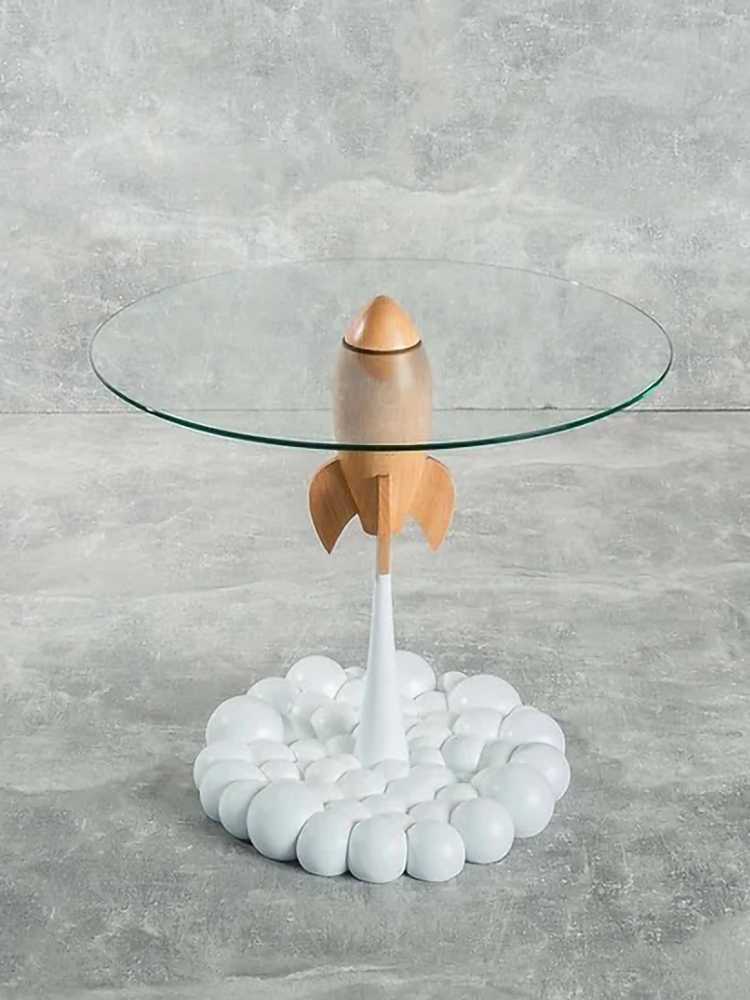 Modern Rocket Designer Coffee Table – Minimalist Resin & Glass Creative Side Table, Trendy Studio Accent for Living Room & Office