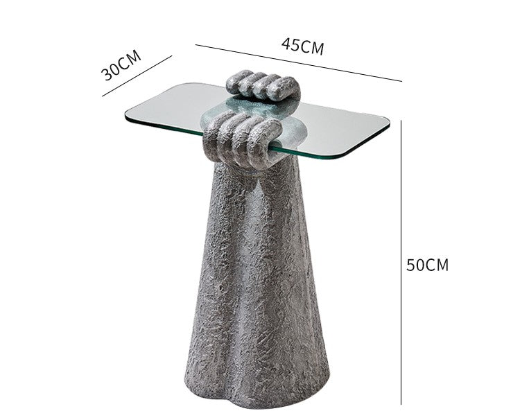 Ukrainian Fiberglass Hand Sculpture Side Table with Tempered Glass Top, Creative Palm Gesture Accent Table for Living Room
