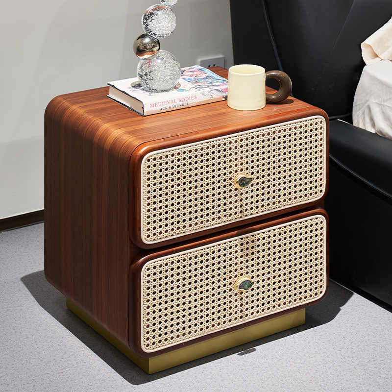 Italian Minimalist Natural Rattan Nightstand – Contemporary Woven Cane Storage Cabinet with Brass Accents, Modern Bedroom Furniture