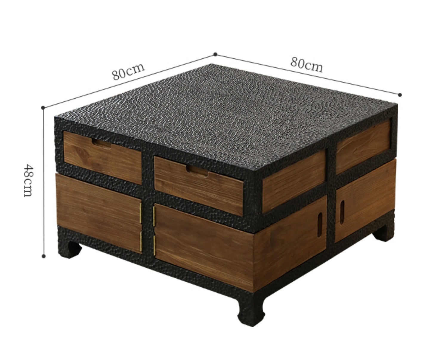 Contemporary Japanese Wabi-Sabi Square Coffee Table – Weathered Solid Wood with Textured Frame and Storage Drawers, Rustic Designer Furniture