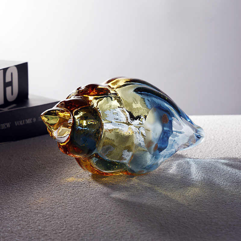 Creative Glass Conch Shell Decorative Bowl, Blue Amber Gradient Seashell Sculpture for Entryway Key Storage TV Stand, Modern Home Accent Gift