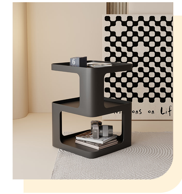 Modern S-Shaped Side Table with Triple Storage Levels, Contemporary Black Nightstand with Geometric Design, Minimalist Living Room Accent Table
