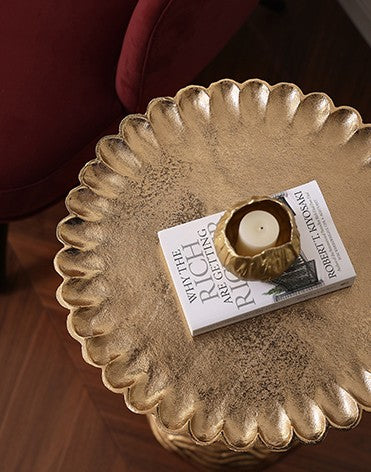 Aluminum Sunflower Side Table, Scalloped Edge Accent Table from India, Luxury Round Tea Table with Floral Design
