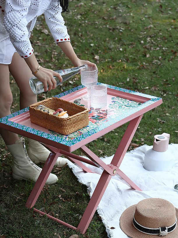 Birch Wood Folding Tea Table, Hand-Painted Floral Garden Bunny Design Side Table, Portable TV Tray with Pink Frame