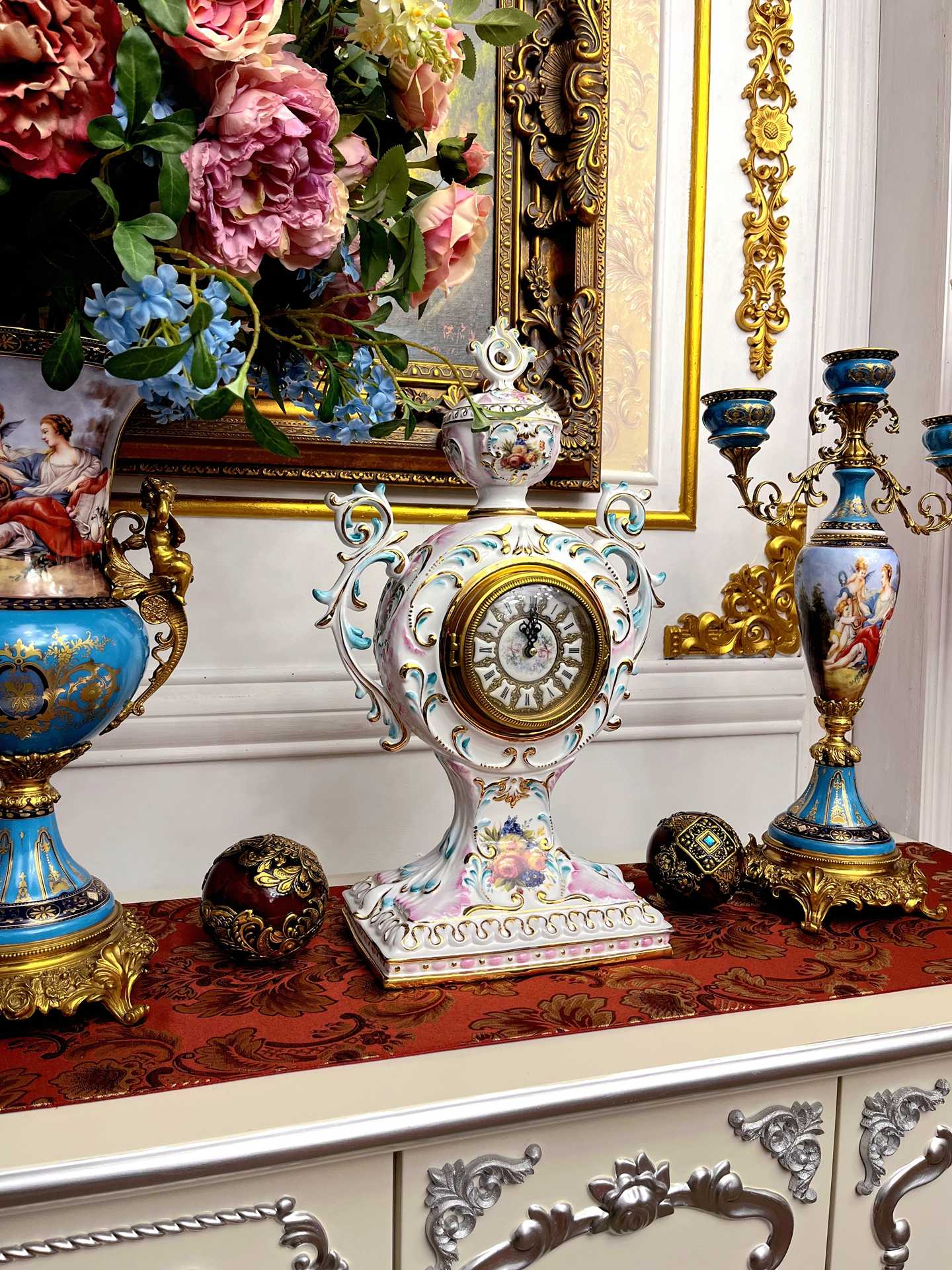Palace Hand-Painted Porcelain & Bronze Mantel Clock, Luxury White 24-Inch Villa Fireplace Decorative Antique