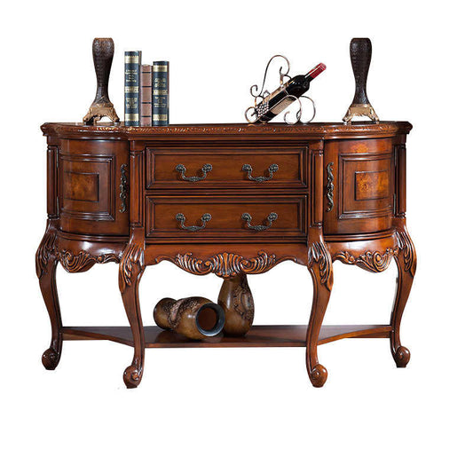 Classic American Solid Wood Half-Moon Console Table – European Style Carved Entryway Demilune Hall Table with Storage Drawers & Display Shelf