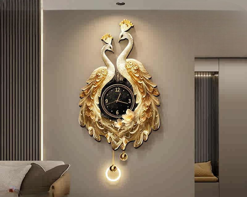 Elegant Dual Peacock 3D Wall Clock with LED Light, Luxury Resin Decorative Art for Living Room, Remote-Control Modern Wall Decor