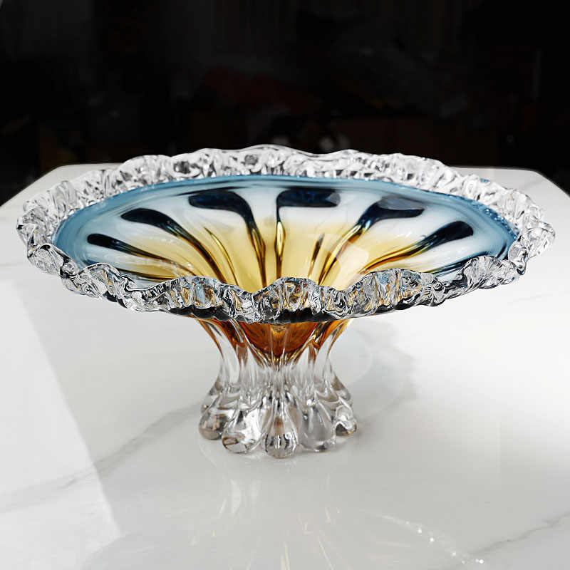 Luxury Art Glass Flower Fruit Bowl, Blue-Orange Gradient Pedestal Serving Dish with Sunburst Design & Ruffled Edges, Handcrafted Centerpiece