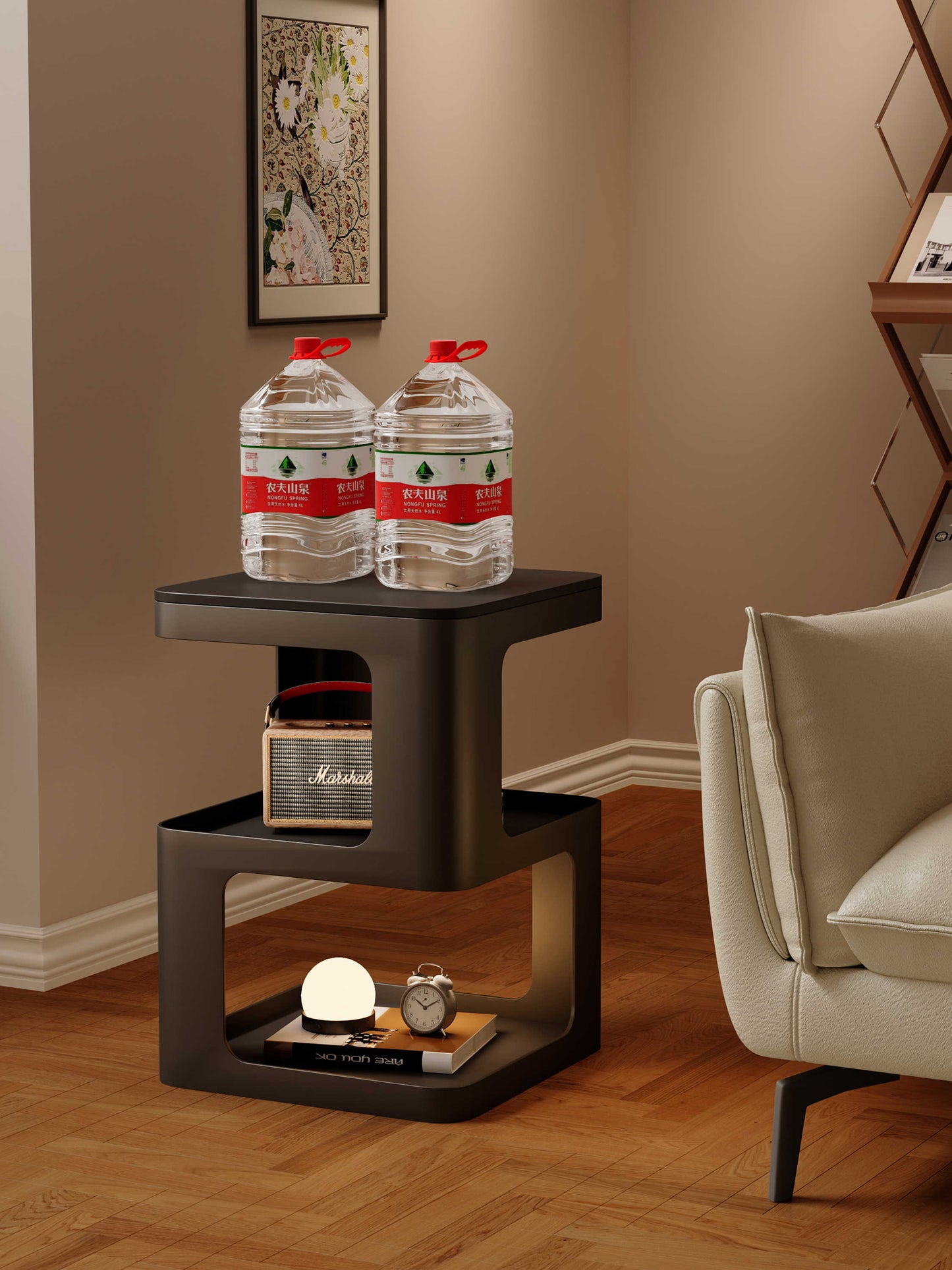Modern S-Shaped Side Table with Triple Storage Levels, Contemporary Black Nightstand with Geometric Design, Minimalist Living Room Accent Table