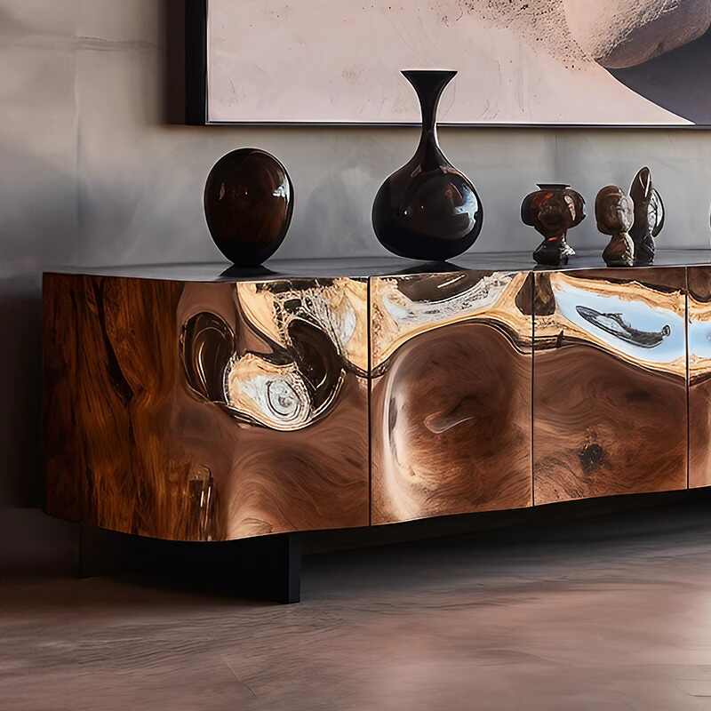 Designer Sculptural Walnut TV Stand, Italian Luxury Postmodern Media Console Cabinet, High-End Artistic Wood Sideboard for Living Room