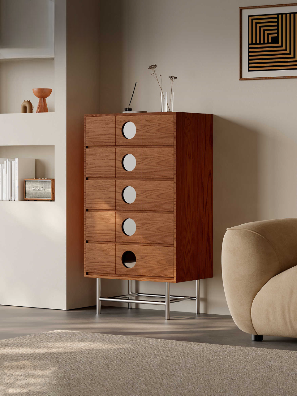 Five-Drawer Storage Cabinet, Mid-Century Modern TV Stand, Vintage Wall Cabinet for Small Spaces