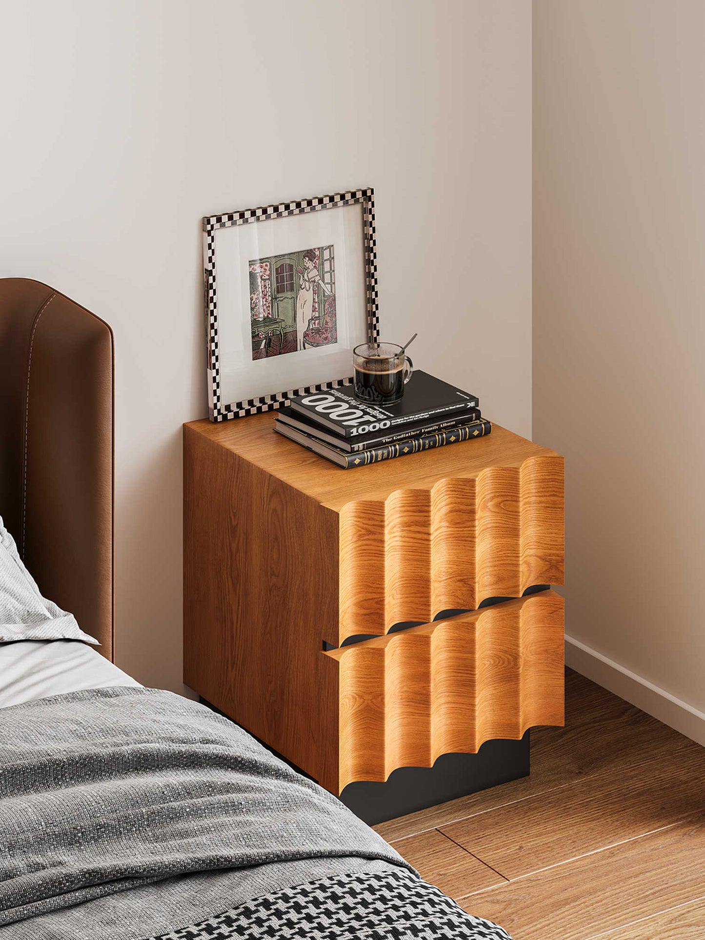 Modern Wave Pattern Solid Wood Nightstand – Two-Drawer Bedside Table with Black Accents, Contemporary Storage Cabinet for Bedroom and Living Room