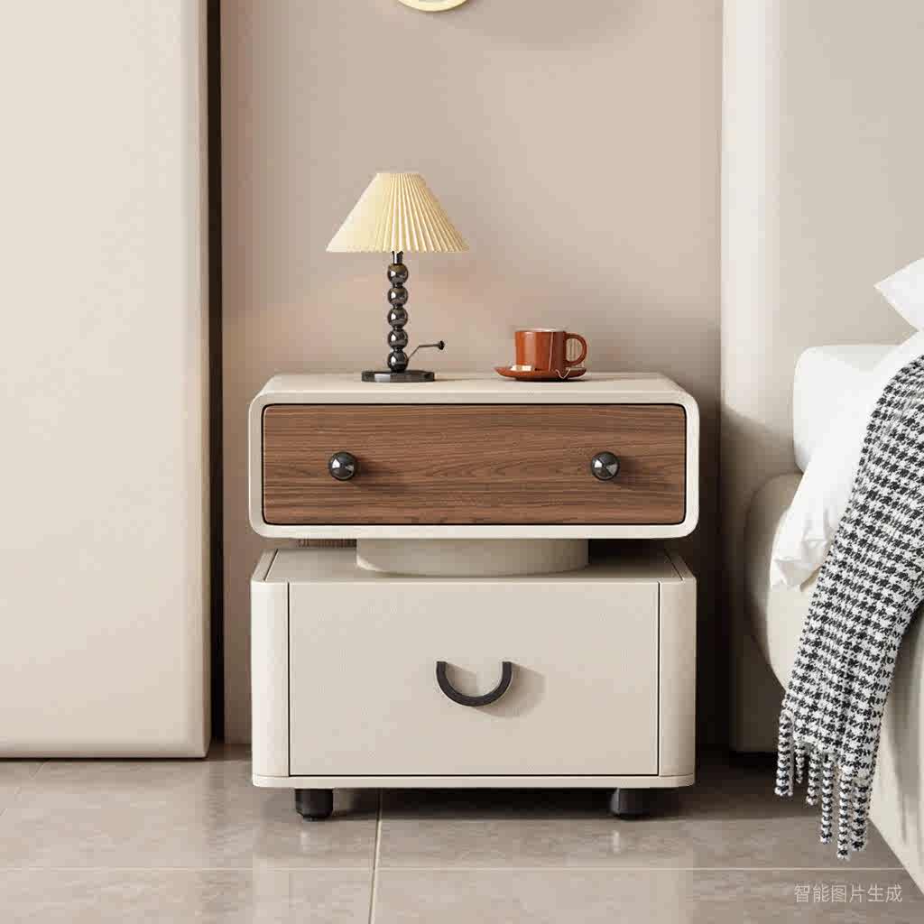 Contemporary Floating Two-Tier Nightstand – Modern Cream & Walnut Bedside Cabinet with Stacked Design, Premium Solid Wood Bedroom Storage