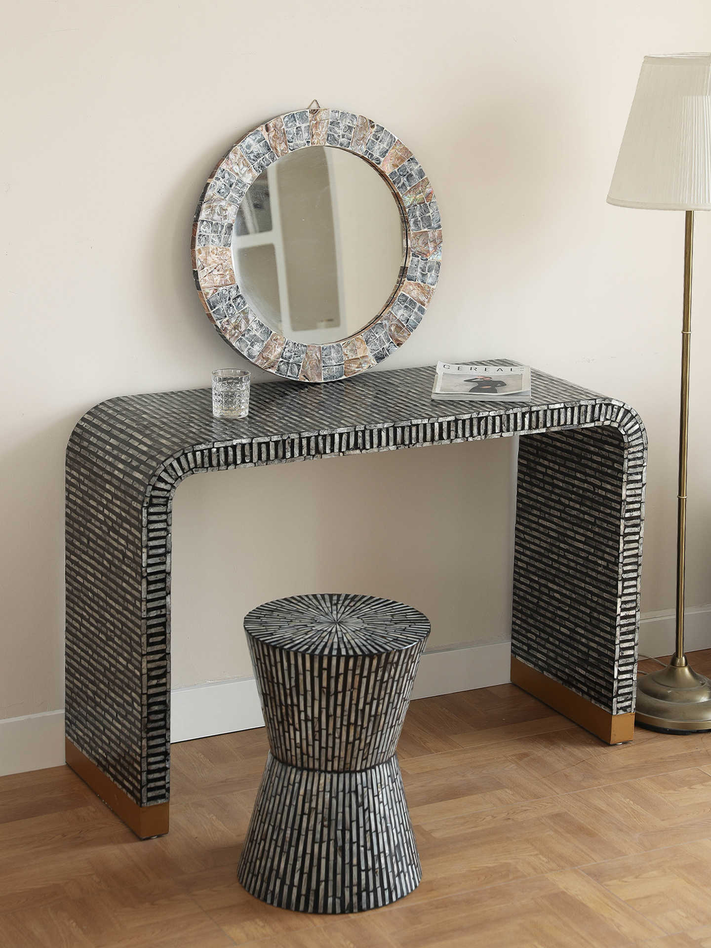 Oriental Console Table, Designer Art Entryway Table for Foyer, Hallway & Living Room – Modern Shell Inlay Accent