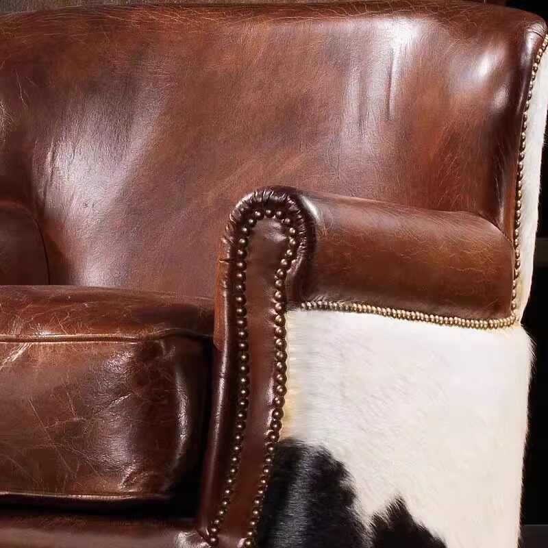 Vintage "Tiger Chair" Club Armchair – Premium Italian Leather & Cowhide Upholstery with Brass Nailhead Trim, Export Quality Cigar Lounge Seating
