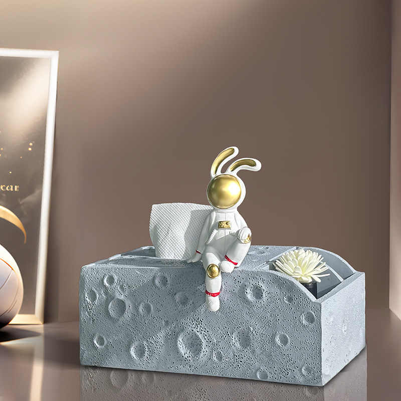 Luxury Astronaut Bunny Tissue Box – Lunar Surface Storage Holder, Modern Cute Dining Table & Living Room Accent