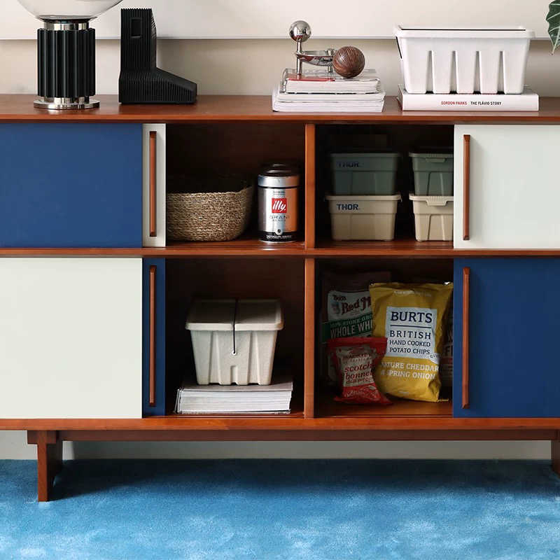 Mid-Century Danish Retro Two-Tone Sideboard – Modern Blue and White Storage Cabinet, Solid Wood Vintage Credenza with Sliding Doors, Designer Dining Room Buffet