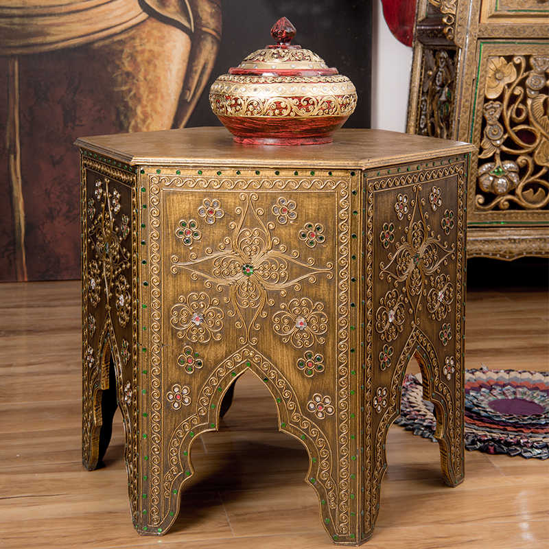 Authentic Thai Octagonal Carved Side Table, Southeast Asian Vintage Wooden Tea Table with Intricate Inlay Work