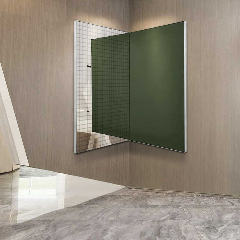 Modern Designer Mirror Wall Art, 2-Piece Large Geometric Accent Panels, Green Grid Depth Effect, Living Room Corner Decoration