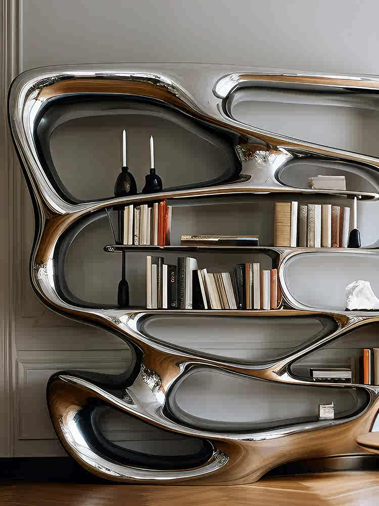 KASKOM Designer Flowing Chrome Steel Bookshelf with Organic Curves, Modern Art Sculptural Storage Unit for Study Room