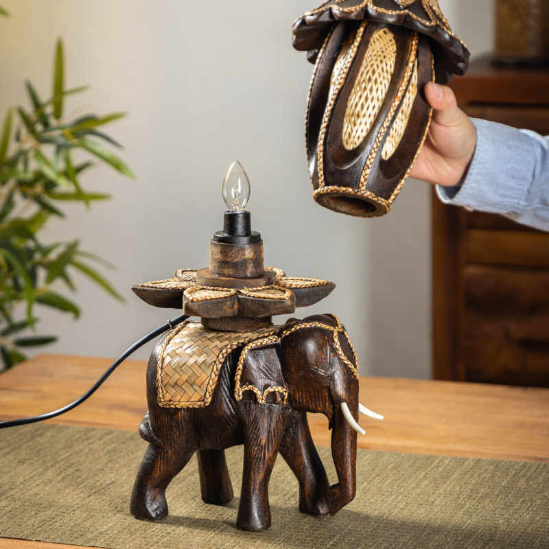 Southeast Asian Handcrafted Wooden Elephant Table Lamp, Vintage Zen Bedside & Accent Light for Living Room, Tea Room, Study