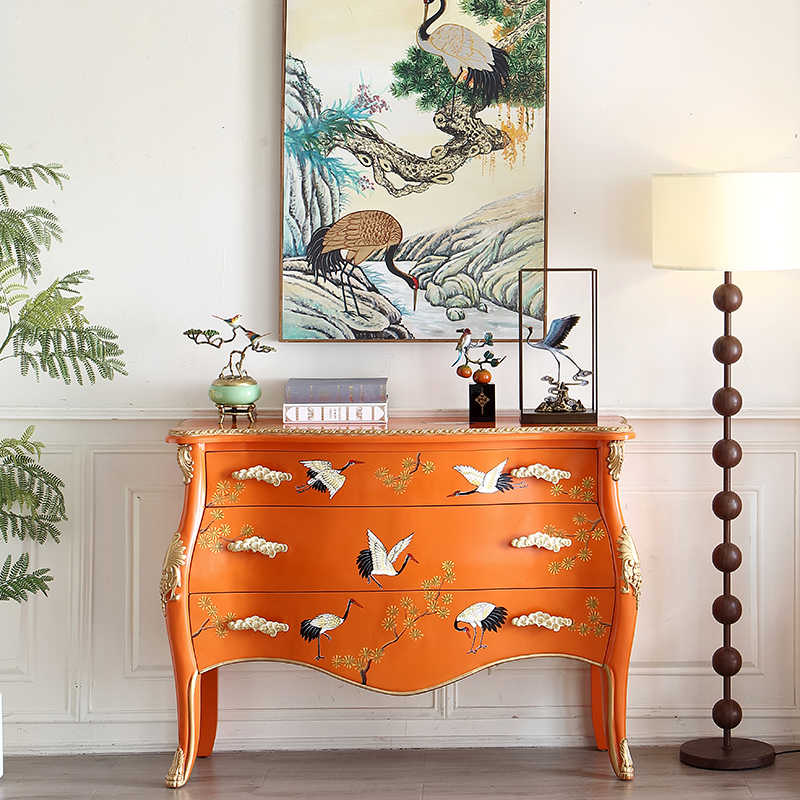 French Chinoiserie Orange Lacquered Console with Hand-Painted Flying Cranes, Traditional Bombé Entry Cabinet