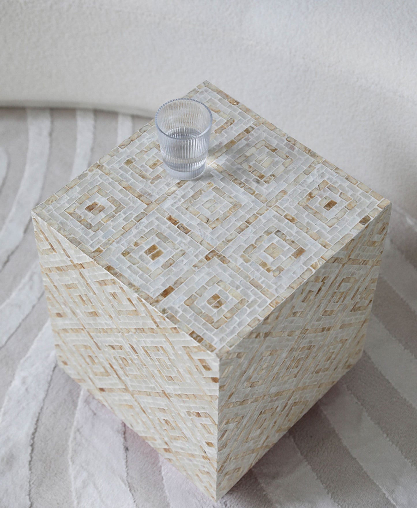 Modern Square Side Table, Vintage Cream Mosaic Nightstand or Accent Table for Sofa, Balcony & Bedroom