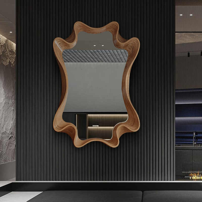 Luxury Irregular Solid Wood Carved Wall Mirror, Artistic Modern Vanity & Bathroom Decorative Hanging Mirror, Designer Statement Panel