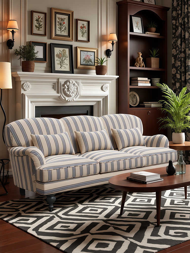 Vintage Striped Sofa – Retro 3-Seater Fabric Couch for Living Room, Homestay, Designer Loft