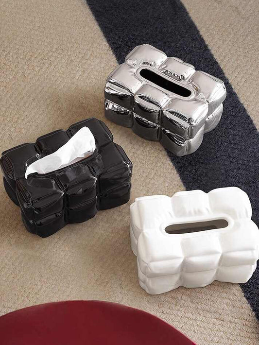 Luxury Pebble Ceramic Tissue Box Set, Modern Silver/Black/Cream High-End Organizer for Living Room, Bedroom, Tabletop Decor