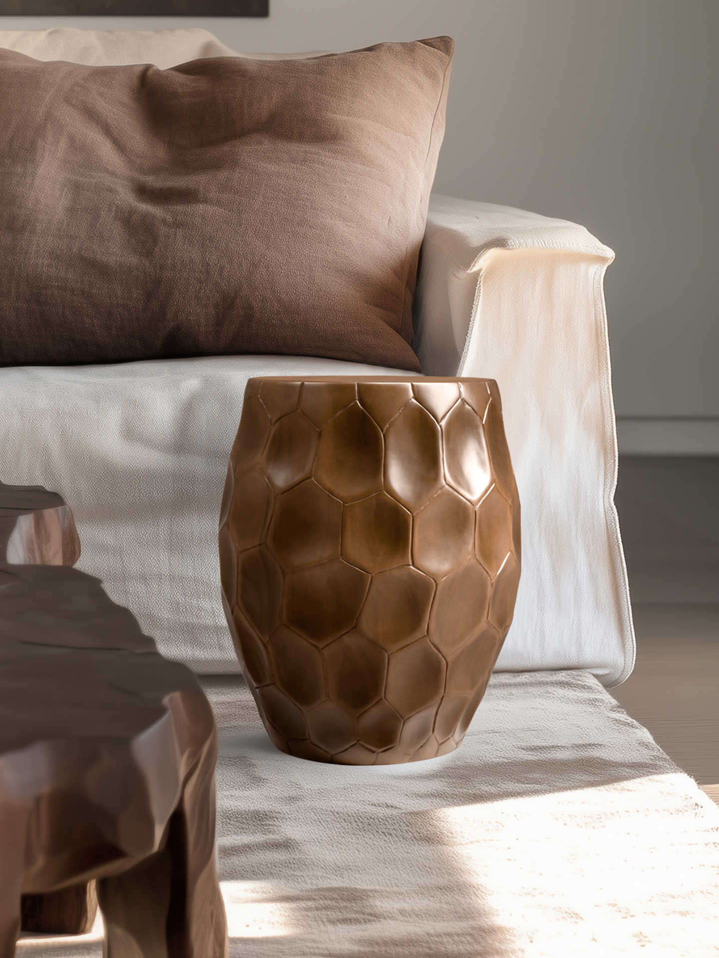 Premium Solid Wood Geometric Side Stool, Luxury Honeycomb Root-Carved Low Stool, Creative Designer Accent Ottoman