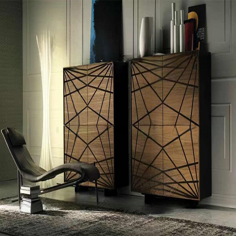 Retro Tall Geometric Sideboard Cabinet, Modern Narrow Buffet Storage for Living Room, Bar, Tea Room, Small Space High Cupboard