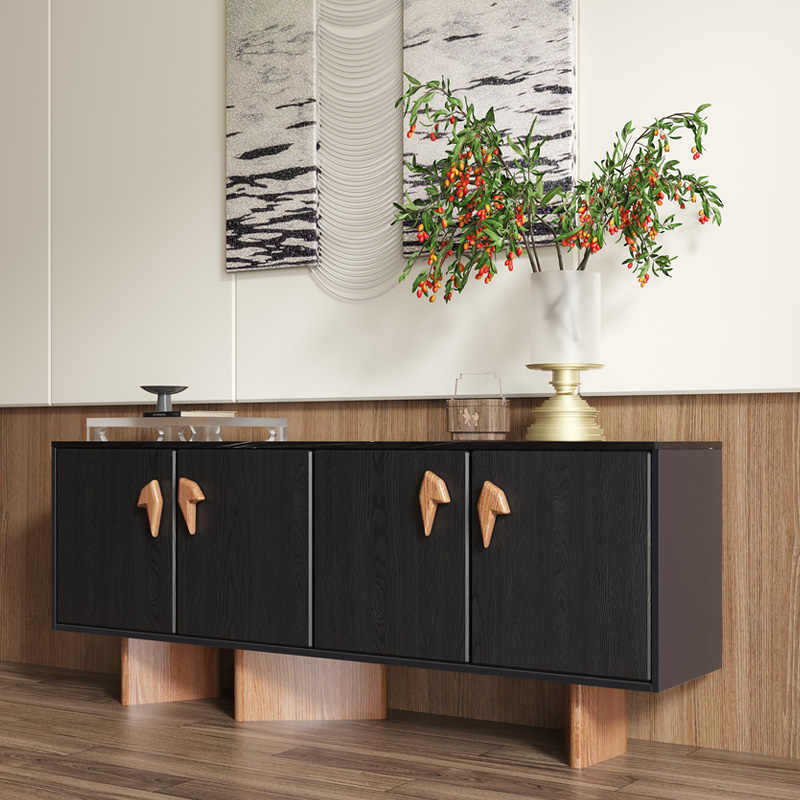 Solid Wood Sideboard, Designer Black Buffet with Unique Handles, Modern Entryway/Villa Storage Cabinet