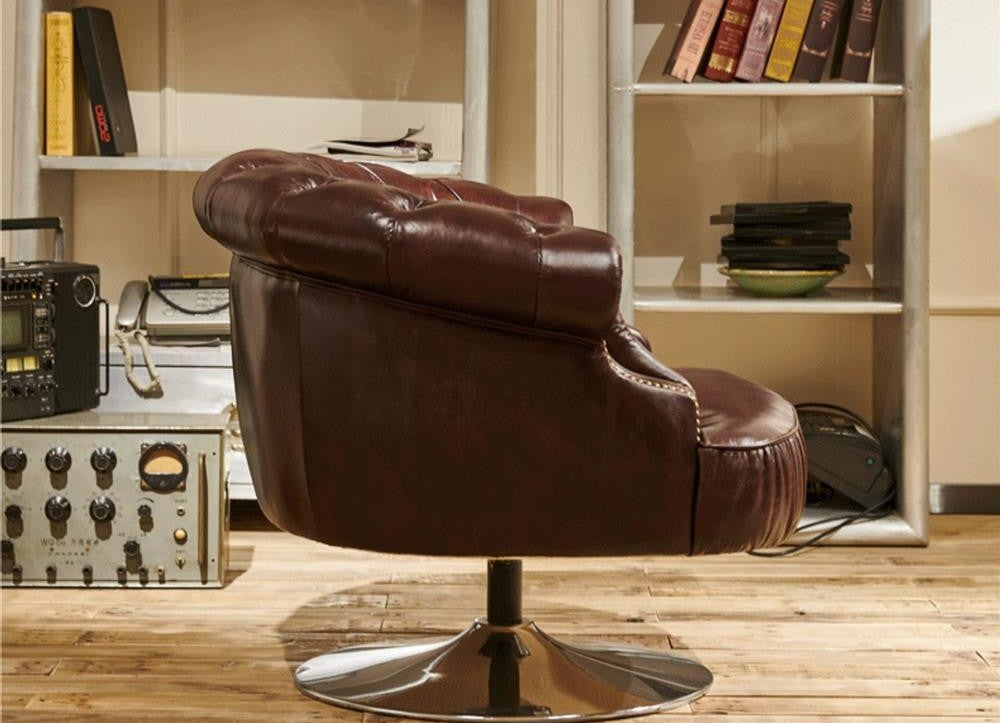 Vintage Chesterfield Swivel Chair – Classic Tufted Brown Leather Executive Armchair with Polished Chrome Base, Mid-Century Designer Accent Chair