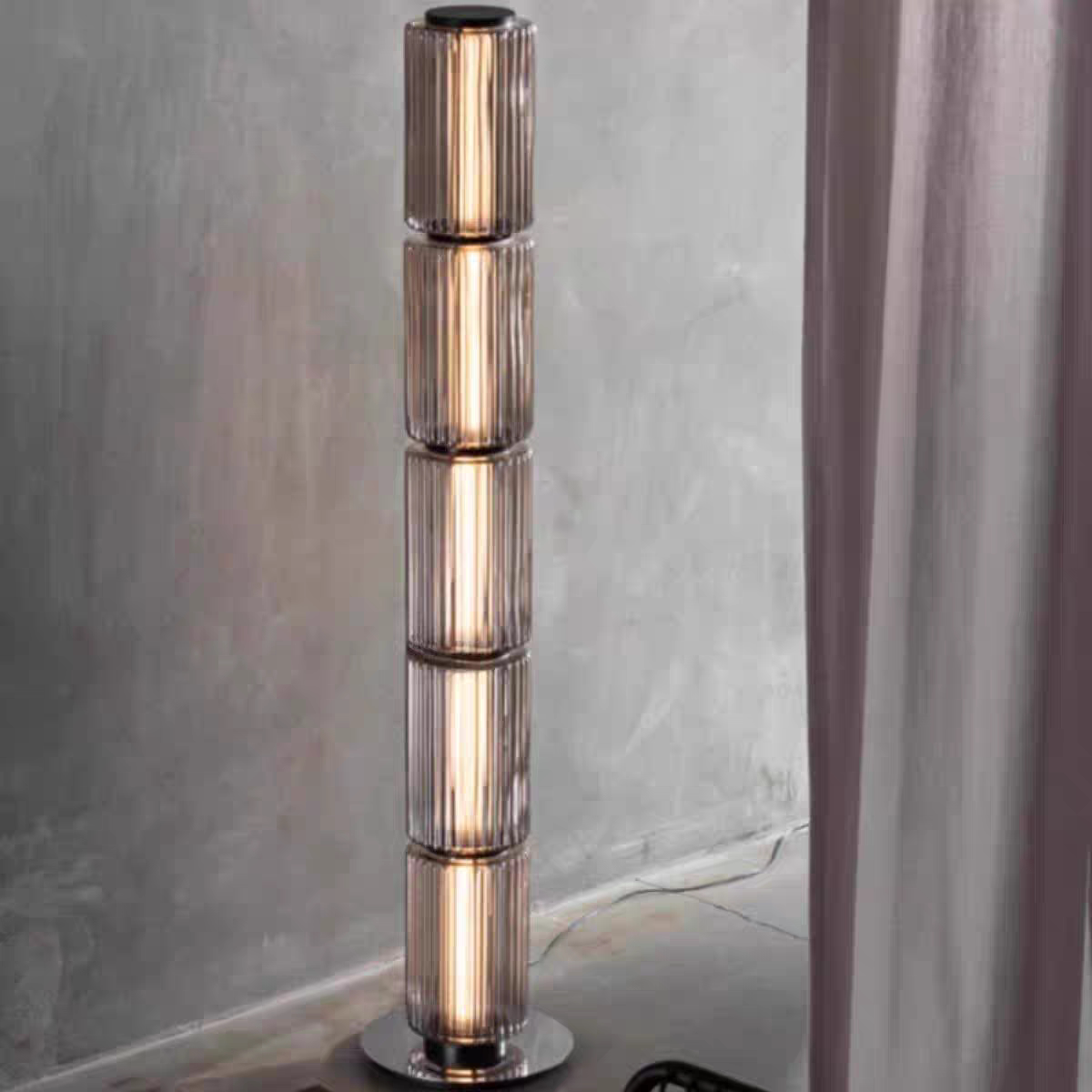 Modern Designer Glass Column Floor Lamp, Stacked Smoky Gray Cylinder Ambient Light for Living Room, Studio, Gallery