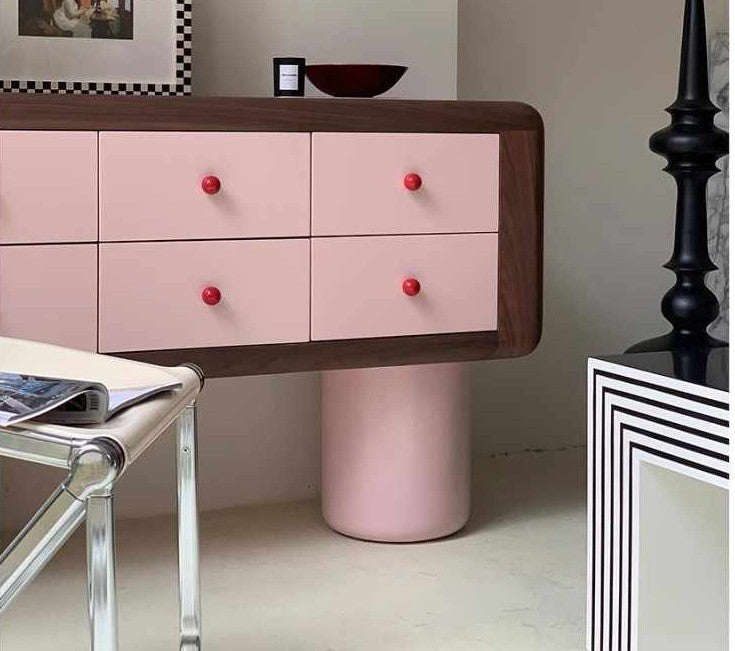 Pink Lacquer Artistic Console Cabinet, Modern Minimalist Entryway Sideboard, 6-Drawer Storage Dresser